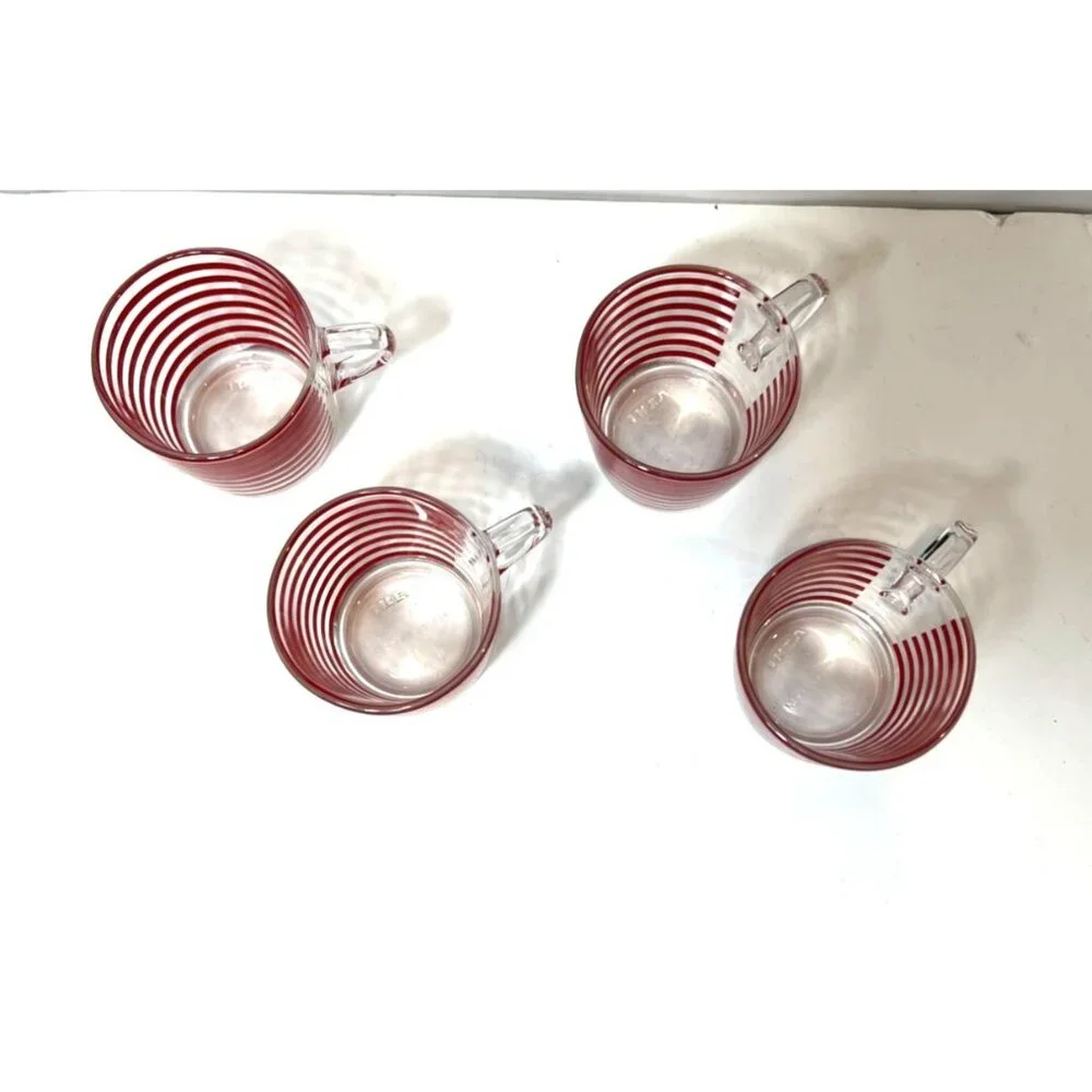 Set Of 4 Vintage Ikea Godta Glass Espresso Mugs Red Striped Pattern France